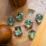 Green Water Glass Hand Carved DND Dice Set