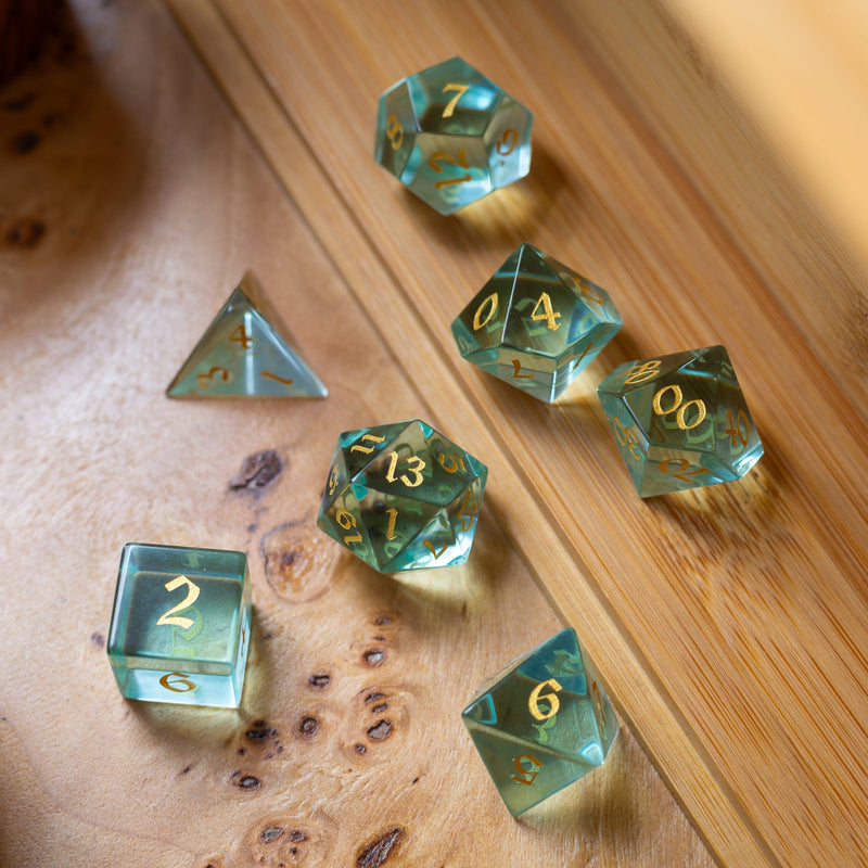 Green Water Glass Hand Carved DND Dice Set