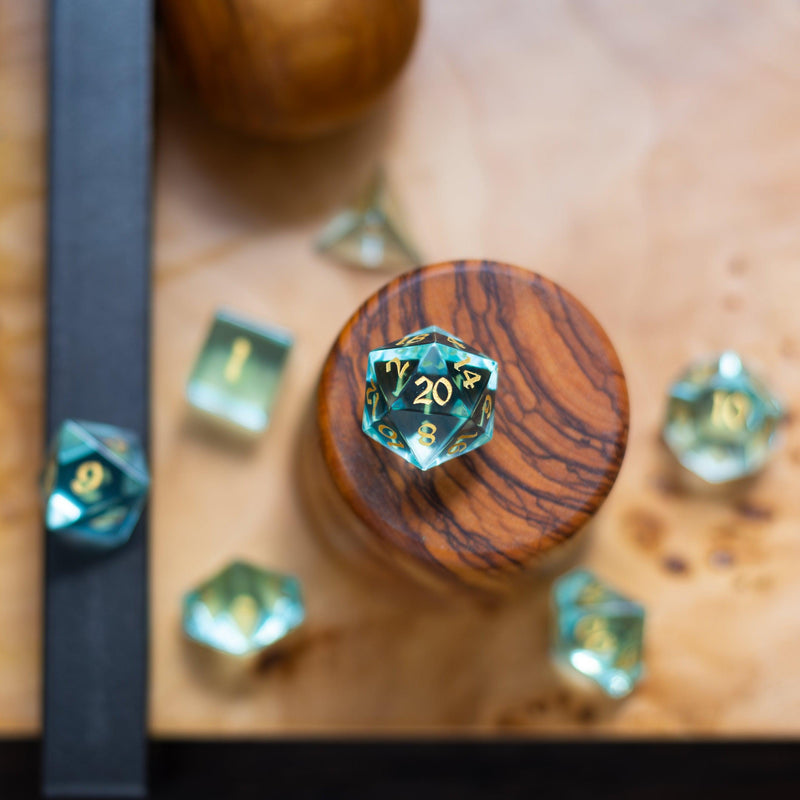 Green Water Glass Hand Carved DND Dice Set