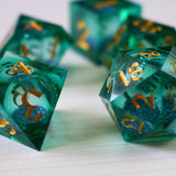 Sea Green Glitter Liquid Core Handmade Sharp Edge Resin DND Dice Set