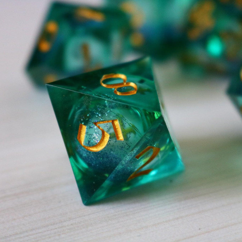 Sea Green Glitter Liquid Core Handmade Sharp Edge Resin DND Dice Set