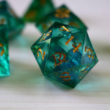 Sea Green Glitter Liquid Core Handmade Sharp Edge Resin DND Dice Set