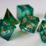 Sea Green Glitter Liquid Core Handmade Sharp Edge Resin DND Dice Set