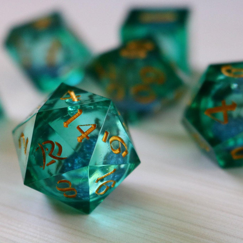 Sea Green Glitter Liquid Core Handmade Sharp Edge Resin DND Dice Set