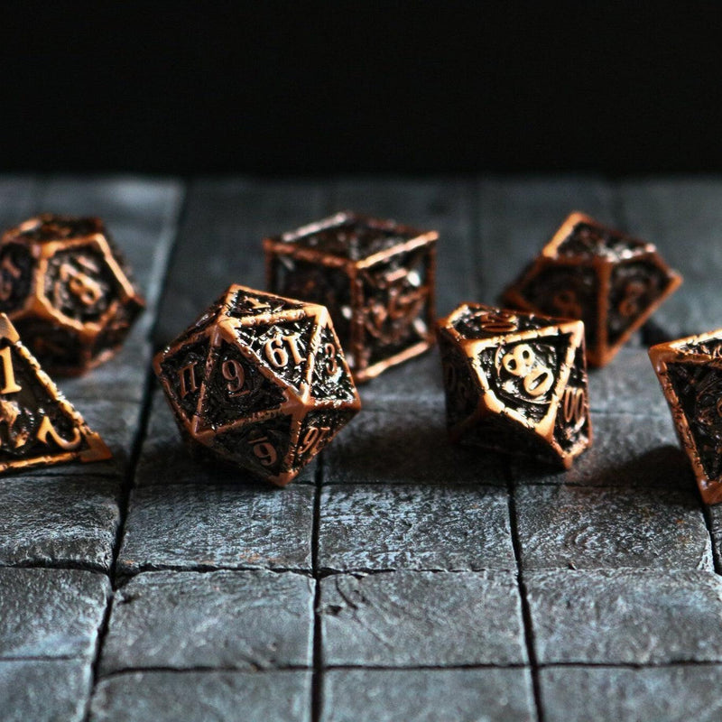 Shield And Sword Copper Hollow Metal DND Dice Set