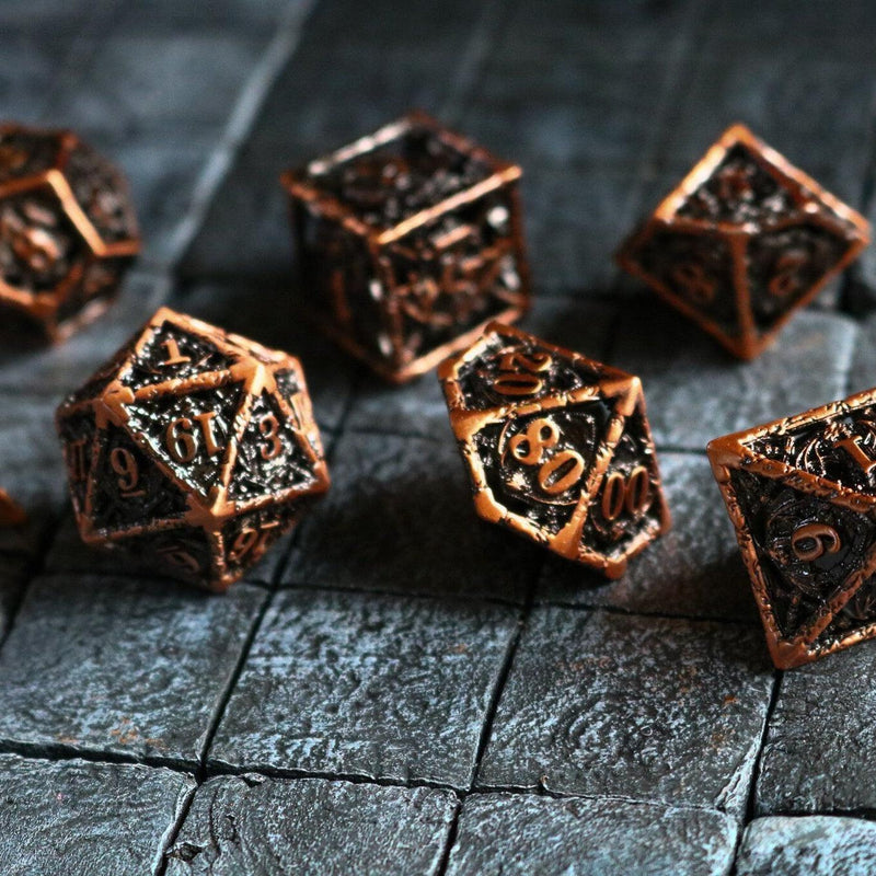 Shield And Sword Copper Hollow Metal DND Dice Set