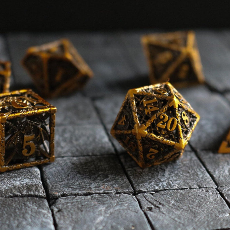 Shield And Sword Gold Hollow Metal DND Dice Set