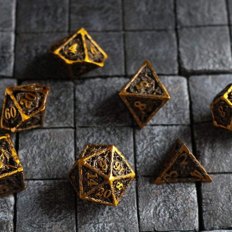 Shield And Sword Gold Hollow Metal DND Dice Set