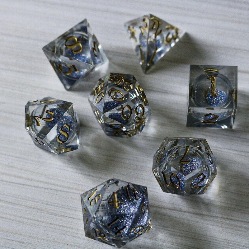 Silver Glitter Liquid Core Handmade Sharp Edge Resin DND Dice Set