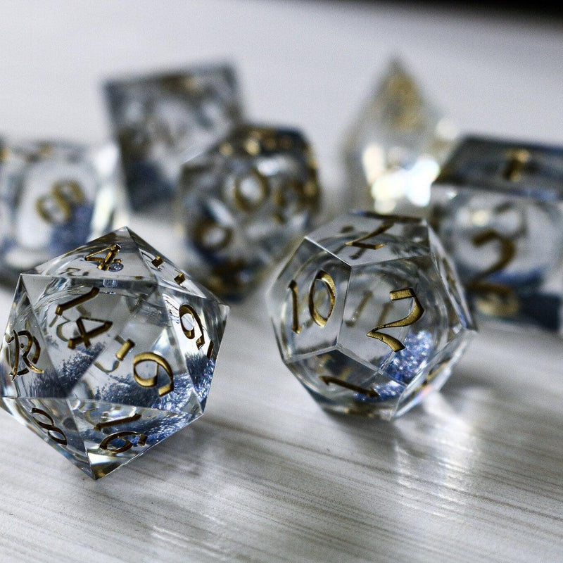 Silver Glitter Liquid Core Handmade Sharp Edge Resin DND Dice Set