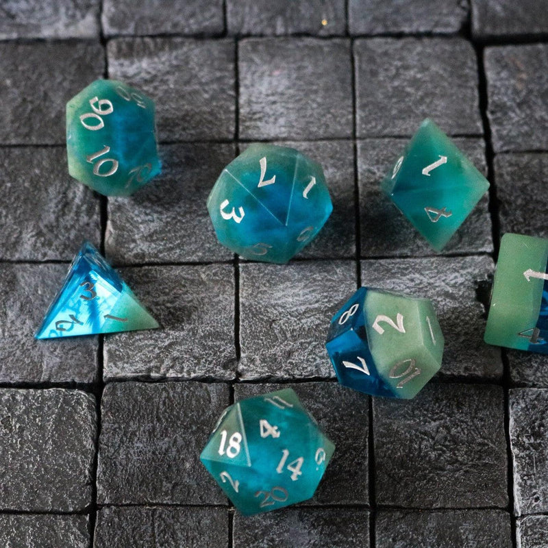 Synthetic Gemstone Two Tone Blue/Green Hand Carved DND Dice Set