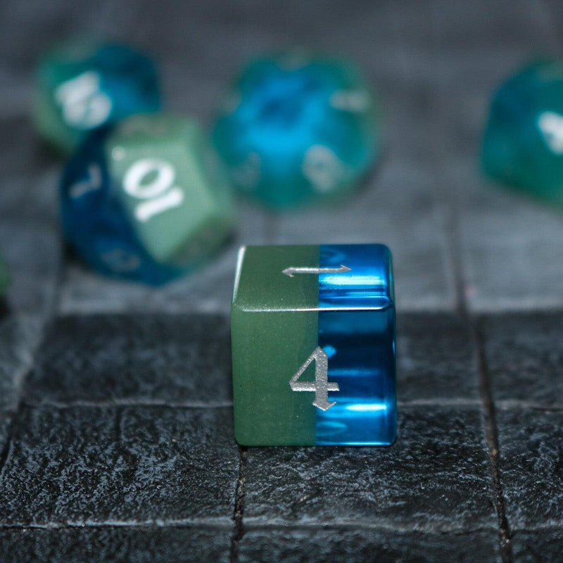 Synthetic Gemstone Two Tone Blue/Green Hand Carved DND Dice Set