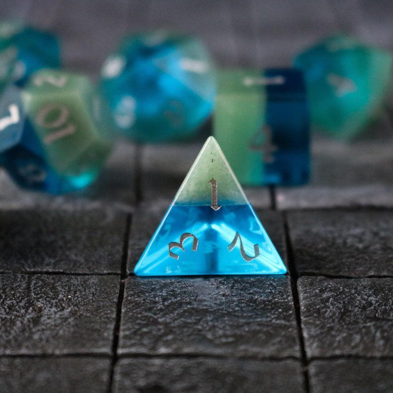 Synthetic Gemstone Two Tone Blue/Green Hand Carved DND Dice Set