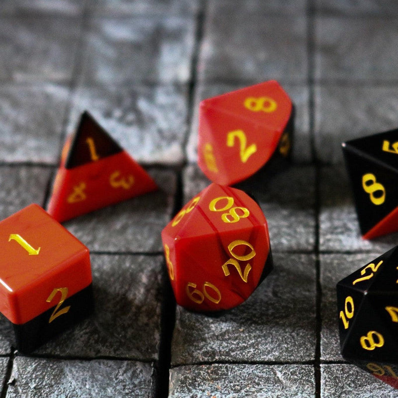 Synthetic Gemstone Two Tone Red/Black Hand Carved DND Dice Set