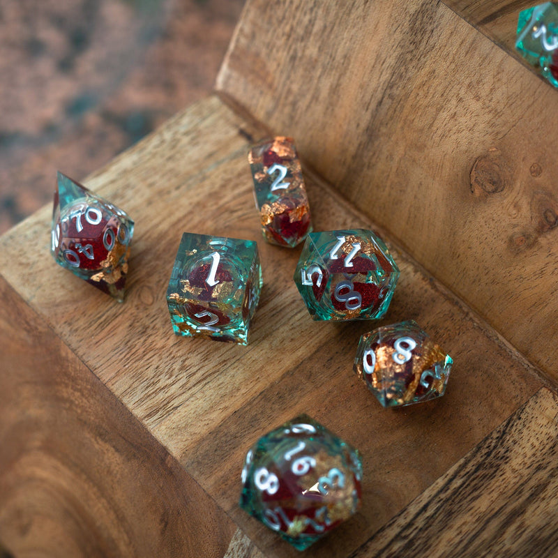 Red And Gold Glitter Liquid Core Handmade Resin DND Dice Set