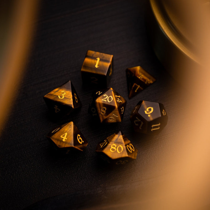 Yellow Tigers Eye Hand Carved Stone Set DND Dice Set