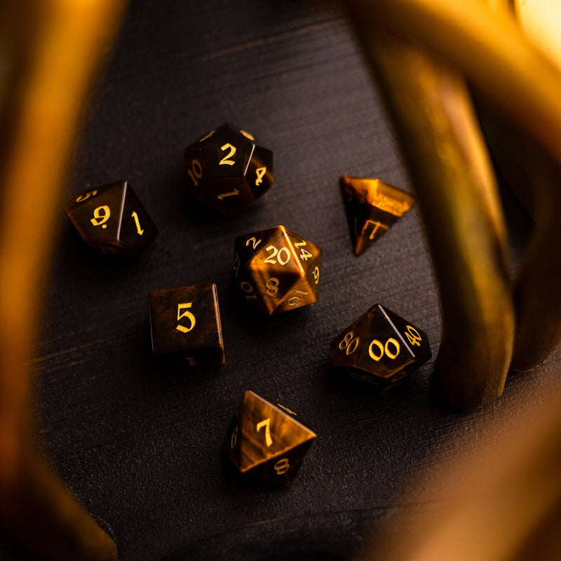 Yellow Tigers Eye Hand Carved Stone Set DND Dice Set