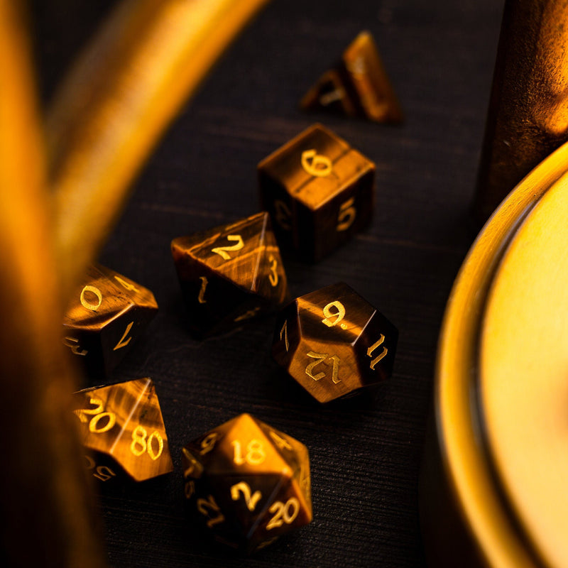 Yellow Tigers Eye Hand Carved Stone Set DND Dice Set