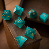 Gemstone Aquamarine Cats Eye Stone Hand Carved (And Box) DND Dice Set