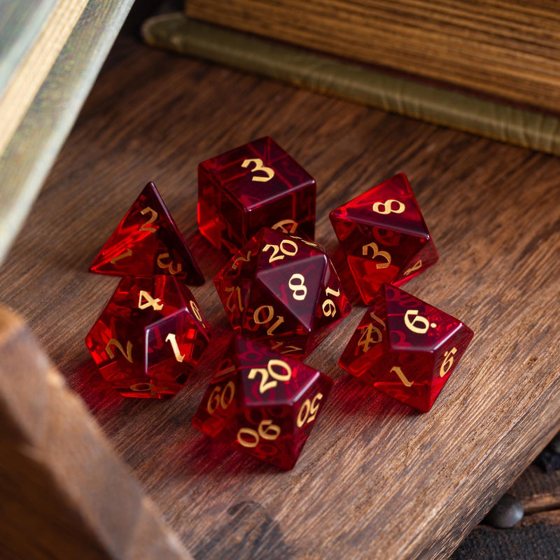 Blood Red Zircon Glass Hand Carved (And Box) DND Dice Set