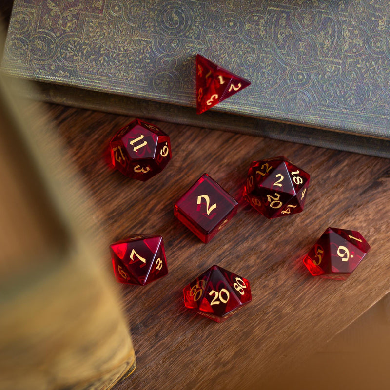 Blood Red Zircon Glass Hand Carved (And Box) DND Dice Set