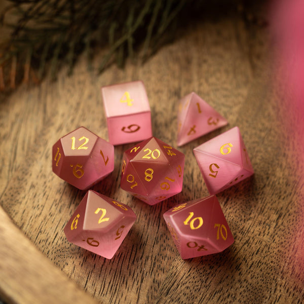 Gemstone Pink Watermelon Cats Eye Stone Hand Carved (And Box) DND Dice Set