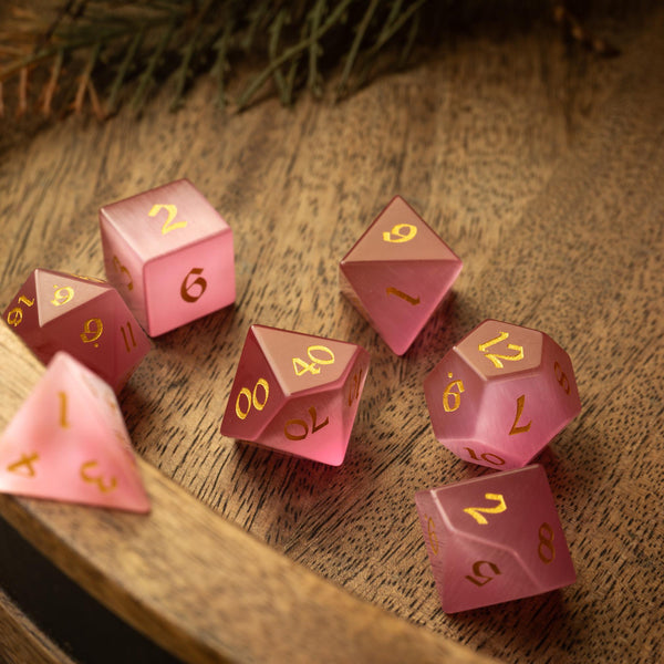 Gemstone Pink Watermelon Cats Eye Stone Hand Carved (And Box) DND Dice Set