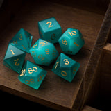 Gemstone Aquamarine Cats Eye Stone Hand Carved (And Box) DND Dice Set