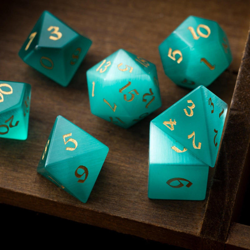 Gemstone Aquamarine Cats Eye Stone Hand Carved (And Box) DND Dice Set