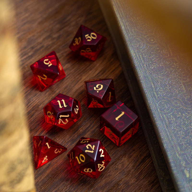 Blood Red Zircon Glass Hand Carved (And Box) DND Dice Set