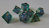 Sea Green Glitter Liquid Core Handmade Sharp Edge Resin Dice Set RPG Game DND Tabletop Gaming