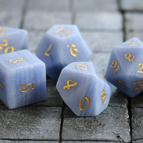 Hand Carved  Gemstone Blue Lace Agate Eye Stone (And Box) Polyhedral Dice DnD Dice Set - Gift For Dnd, RPG Game DND MTG Game