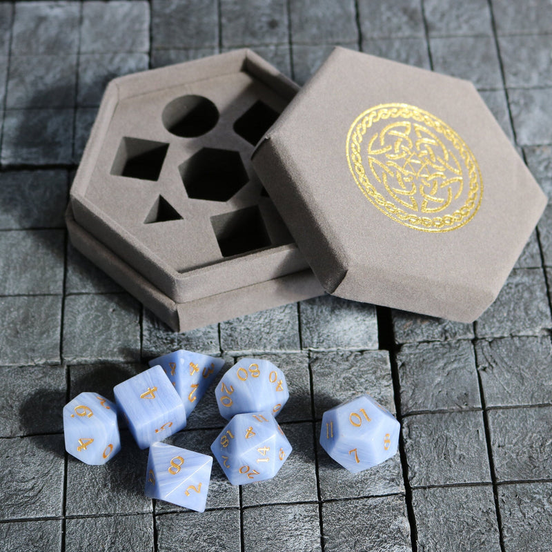 Hand Carved  Gemstone Blue Lace Agate Eye Stone (And Box) Polyhedral Dice DnD Dice Set - Gift For Dnd, RPG Game DND MTG Game