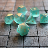 Hand Carved Gemstone Aquamarine Cats Eye Stone (And Box) Polyhedral Dice DND Set