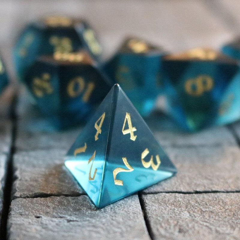 Hand Carved Green Zircon Glass (And Box) Polyhedral Dice DnD Dice Set