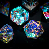 Hand Carved Gemstone Dichroic Glass Polyhedral Dice (With Box) DnD Dice Set - RPG Game DND MTG Game