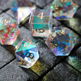 Hand Carved Gemstone Dichroic Glass Polyhedral Dice (With Box) DnD Dice Set - RPG Game DND MTG Game