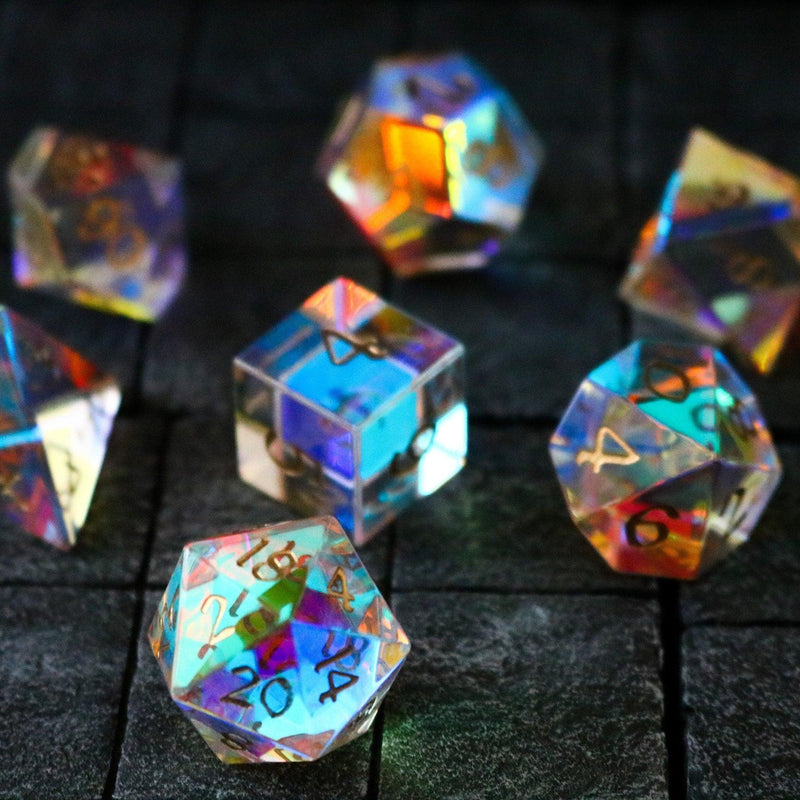 Hand Carved Gemstone Dichroic Glass Polyhedral Dice (With Box) DnD Dice Set - RPG Game DND MTG Game