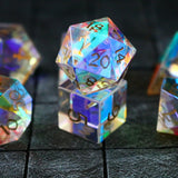 Hand Carved Gemstone Dichroic Glass Polyhedral Dice (With Box) DnD Dice Set - RPG Game DND MTG Game