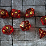 Hand Carved Blood Red Zircon Glass (And Box) Polyhedral Dice DND Set