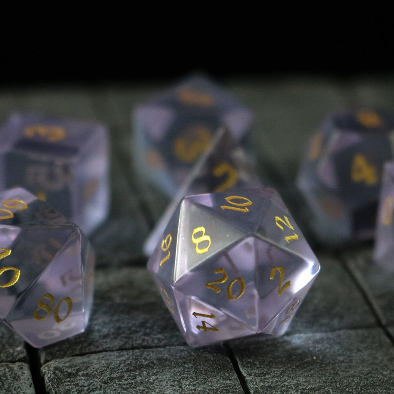 Hand Carved Purple Zircon Glass (And Box) Polyhedral Dice Set
