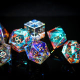 Hand Carved Gemstone Dichroic Glass Polyhedral Dice (With Box) DnD Dice Set - RPG Game DND MTG Game