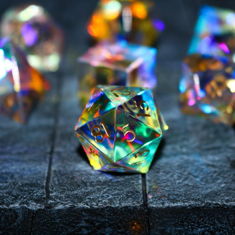 Hand Carved Gemstone Dichroic Glass Polyhedral Dice (With Box) DnD Dice Set - RPG Game DND MTG Game