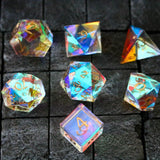 Hand Carved Gemstone Dichroic Glass Polyhedral Dice (With Box) DnD Dice Set - RPG Game DND MTG Game