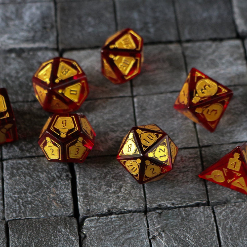 Health Potion Red Zircon Glass (And Box) Polyhedral Dice DND Set