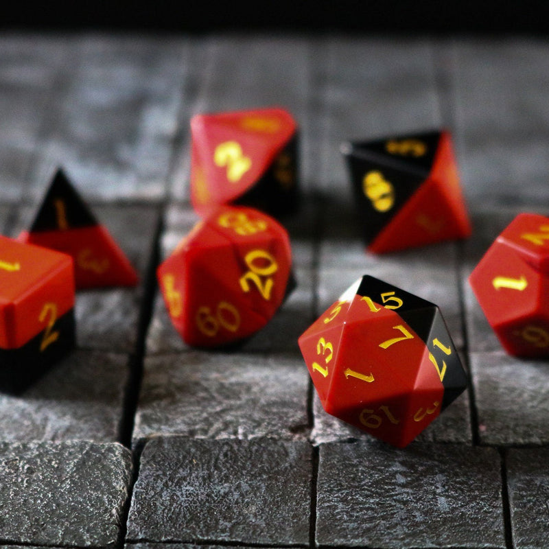 Hand Carved Two Tone Red/Black Synthetic Gemstone (And Box) Polyhedral Dice DnD Dice Set