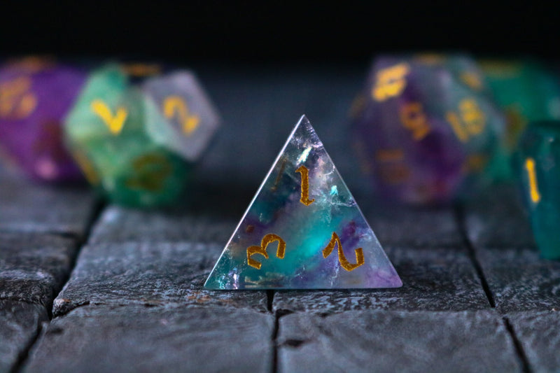 Gemstone Rainbow Fluorite Hand Carved Polyhedral Dice (With Box) DnD Dice Set