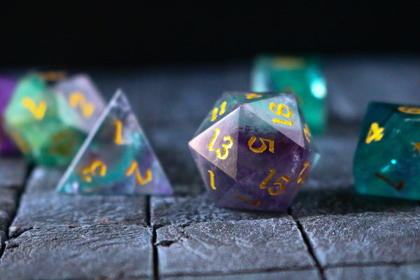 Gemstone Rainbow Fluorite Hand Carved Polyhedral Dice (With Box) DnD Dice Set