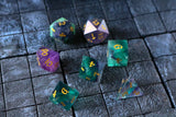Gemstone Rainbow Fluorite Hand Carved Polyhedral Dice (With Box) DnD Dice Set