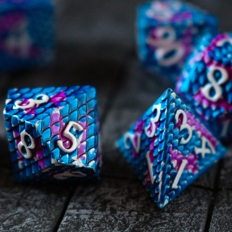 Dragon Scales Metal Dice Set White/Purple/Blue DND Tabletop Gaming Dice